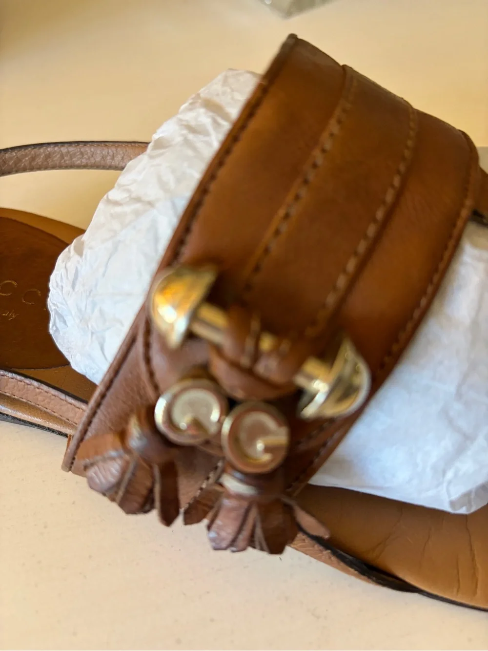 Gucci Brown Leather Thong Sandals with Gold Accents